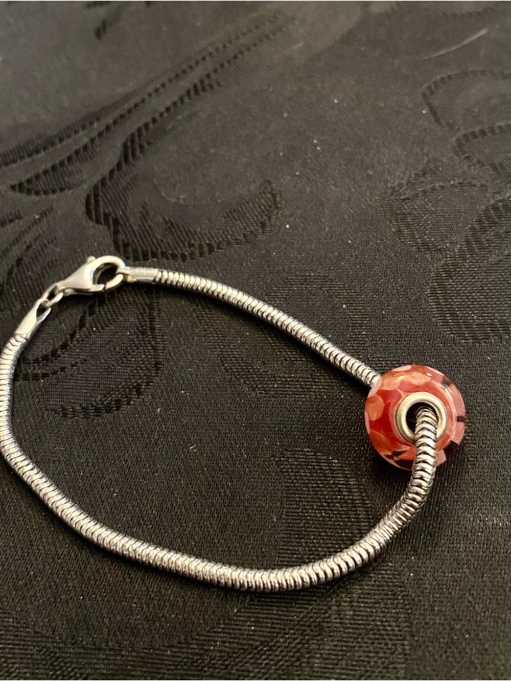 Sterling Silver Snake Chain Bracelet with Faceted Red Glass 925 Charm